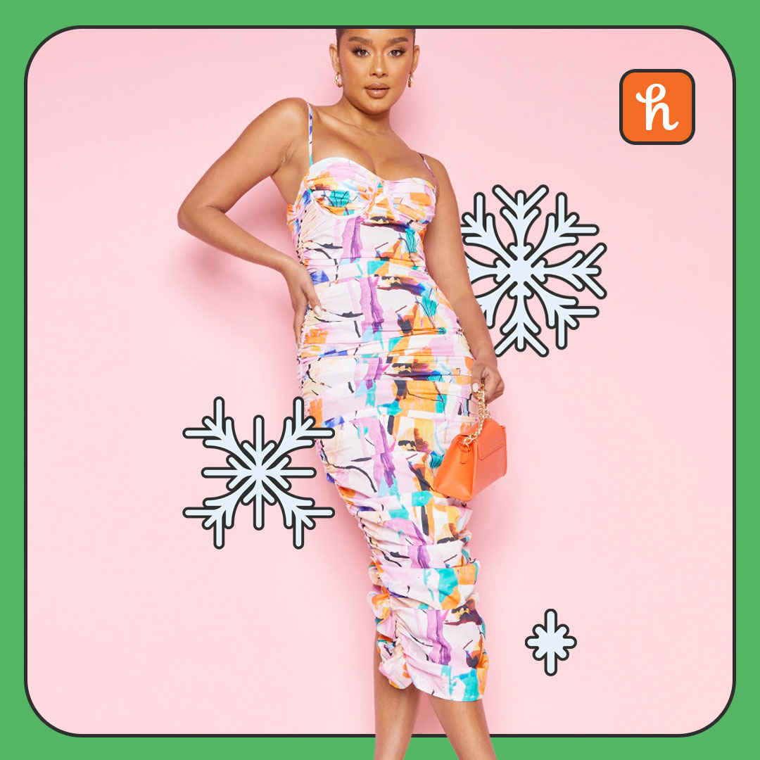 Abstract Print Asymmetric Detail Ruched Midaxi Dress
